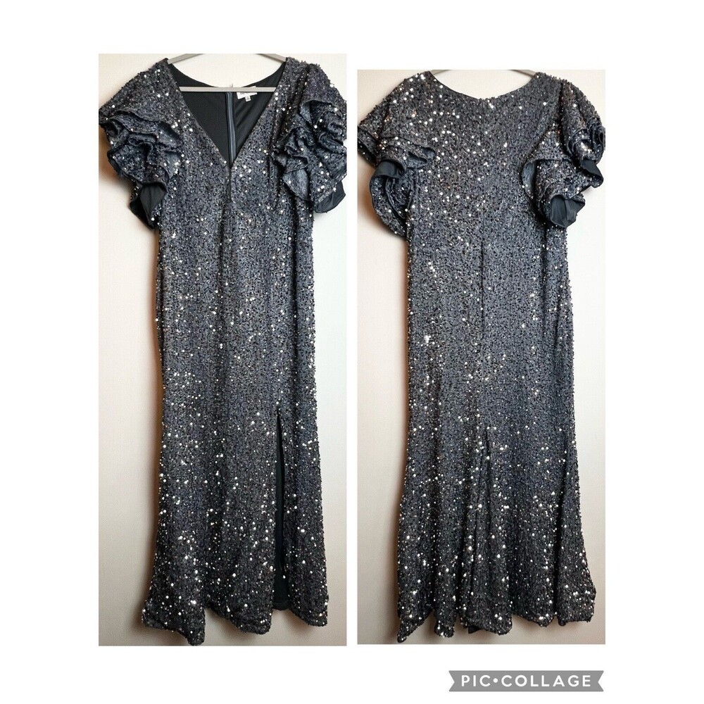 Faeriesty Silver Gray Sequin Formal Gown Bodycon Oversized Ruffle Sleeves Sz 3XL